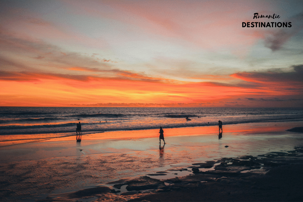 Romantic spots on a European beach at sunset, perfect for a European honeymoon