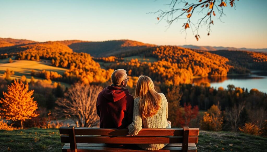 A cozy November scene with a picturesque landscape of rolling hills, trees ablaze in autumnal hues, and a serene lake reflecting the vibrant colors. In the foreground, a couple sits together on a wooden bench, gazing out at the breathtaking view, their faces illuminated by the warm glow of the setting sun. The lighting is soft and golden, creating a romantic atmosphere. The composition is balanced, with the couple in the center, surrounded by the natural beauty of the location. The overall mood is one of tranquility, inviting the viewer to imagine themselves in this idyllic setting, choosing the perfect November destination for a couple's getaway.