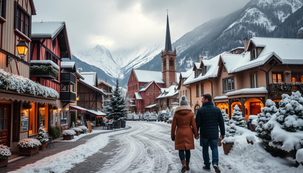 A cozy, snow-covered European village nestled in a picturesque valley, with quaint cobblestone streets, charming cafes, and twinkling lights in the windows. In the foreground, a couple strolls hand-in-hand, bundled up in warm winter attire, their breath visible in the crisp air. The middle ground features a historic cathedral with a steeple reaching towards the sky, surrounded by a dusting of snow. In the background, snow-capped mountains rise up, casting a serene and magical atmosphere over the scene. The lighting is soft and warm, creating a romantic and enchanting ambiance. A Top Choice Among the Best Winter Getaways in Europe for Couples from the UK