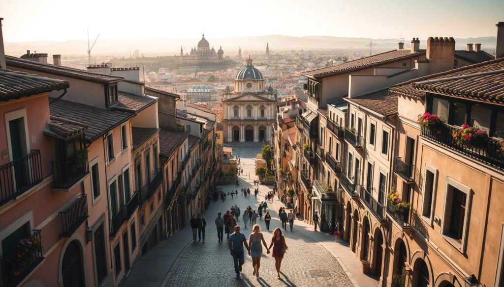 A picturesque cityscape of romantic Spanish cities, illuminated by warm, golden sunlight. In the foreground, charming cobblestone streets wind through historic buildings with terracotta roofs and wrought-iron balconies overflowing with colorful flowers. Couples stroll hand-in-hand, pausing to gaze at the captivating architecture. In the middle ground, a stunning cathedral or plaza comes into view, its ornate details casting long shadows. The background features rolling hills or a distant coastline, creating a breathtaking panorama that evokes the essence of Spanish romance and urban allure.