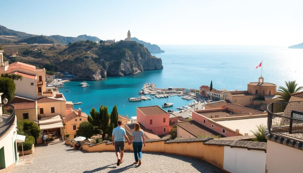 A picturesque seaside town nestled along the rugged Sardinian coastline, its pastel-hued buildings and charming piazzas basking in the warm Mediterranean glow. In the foreground, a couple strolls hand-in-hand along a cobblestone street, pausing to admire the stunning views of the turquoise waters and distant craggy cliffs. The middle ground features a quaint harbor dotted with traditional fishing boats, while the background showcases rolling hills and a brilliant azure sky. The atmosphere is one of tranquility and romance, with soft, diffused lighting casting a dreamlike ambiance over the scene. This idyllic Sardinian getaway offers the perfect backdrop for a couple's intimate escape.