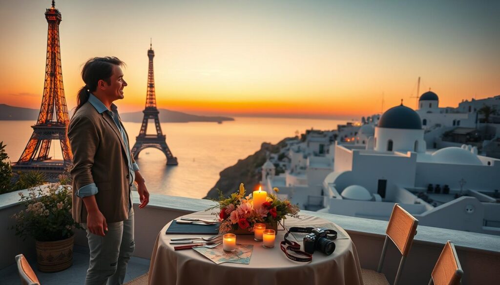 A picturesque travel montage featuring a series of iconic romantic destinations for couples. In the foreground, a couple holding hands, dressed in smart-casual attire, smiling at each other. In the middle, a beautifully adorned table with a candlelit dinner setup, surrounded by delicate flowers and travel essentials like a map and a camera. In the background, iconic landmarks like the Eiffel Tower, Santorini’s white-washed buildings, and a serene beach sunset, blending harmoniously. Soft sunset lighting casts a warm glow over the scene, creating an inviting and intimate atmosphere. The angle is slightly elevated, giving a panoramic view of the destinations while keeping the couple as the central focus, evoking feelings of love, connection, and adventure.