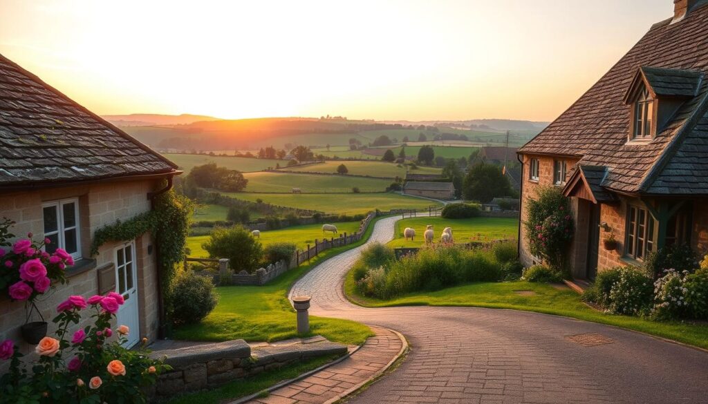A picturesque view of the Cotswolds, highlighting its quintessential English charm. In the foreground, a charming stone cottage adorned with blooming roses and a small, idyllic garden. The middle ground features a meandering cobblestone path winding past lush green fields, dotted with grazing sheep. In the background, gently rolling hills create a serene backdrop, with patches of wildflowers under a soft, golden sunset. The sky is painted in warm pastel hues, reflecting the tranquility of a romantic evening. The atmosphere is peaceful and inviting, perfect for couples. The scene is captured with a wide-angle lens, soft focus, and warm ambient lighting to enhance the romantic feel. No humans are present in the image.