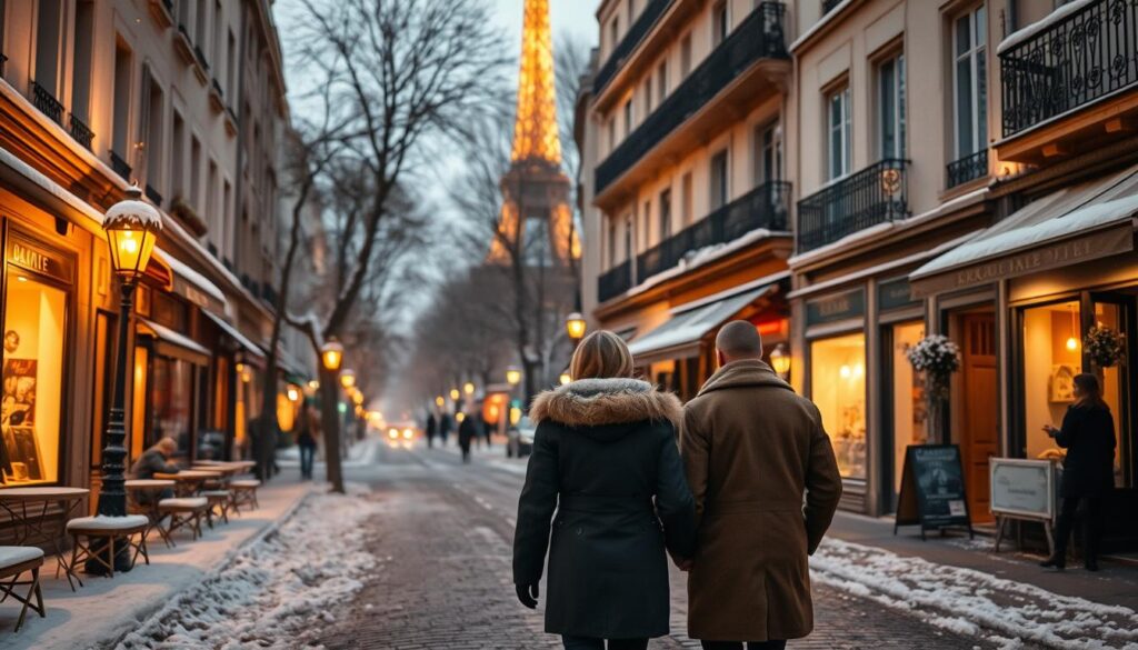 A quaint Parisian street blanketed in snow, with charming cafes and boutiques lining the cobblestone sidewalks. In the foreground, a cozy couple strolls hand-in-hand, bundled in warm winter coats, gazing up at the twinkling lights of the Eiffel Tower in the distance. The warm glow of street lamps and the soft, diffused light of a winter sunset cast a romantic, dreamy atmosphere over the scene. The architecture is classic Haussmannian, with ornate facades and wrought-iron balconies. A dusting of snow adds a touch of magic, as if the city has been transformed into a winter wonderland. Planning the Best Winter Getaways in Europe for Couples from the UK