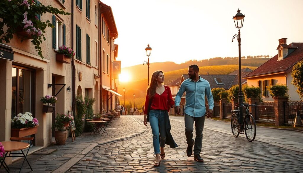 A romantic European countryside scene at sunset, featuring a charming cobblestone street lined with quaint cafes and blooming flowers. In the foreground, a couple is enjoying a leisurely stroll, dressed in modest casual attire, exuding a sense of joy and connection. The middle ground showcases picturesque buildings with flower boxes and outdoor seating, while a vintage bicycle leans against a lamppost. In the background, rolling hills adorned with vineyards and a soft pastel sky create a serene atmosphere. Warm, golden lighting casts gentle shadows, enhancing the romantic vibe of the scene. Capture this idyllic moment with a slightly elevated angle, focusing on the couple while encompassing the beauty of their surroundings, invoking a feeling of timeless romance and adventure.