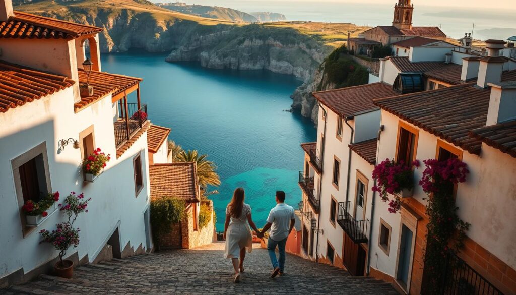 A romantic places in Spain, with cobblestone streets winding through charming buildings with terracotta roofs. In the foreground, a couple strolls hand-in-hand, gazing out at the sweeping vista of a turquoise bay framed by rugged cliffs. The warm Mediterranean sun casts a golden glow, illuminating the whitewashed walls and vibrant flowers cascading from balconies. In the background, a historic cathedral rises above the rooftops, its bell tower a beacon for lovers. The atmosphere is one of timeless beauty, tranquility, and the promise of unforgettable moments shared.
