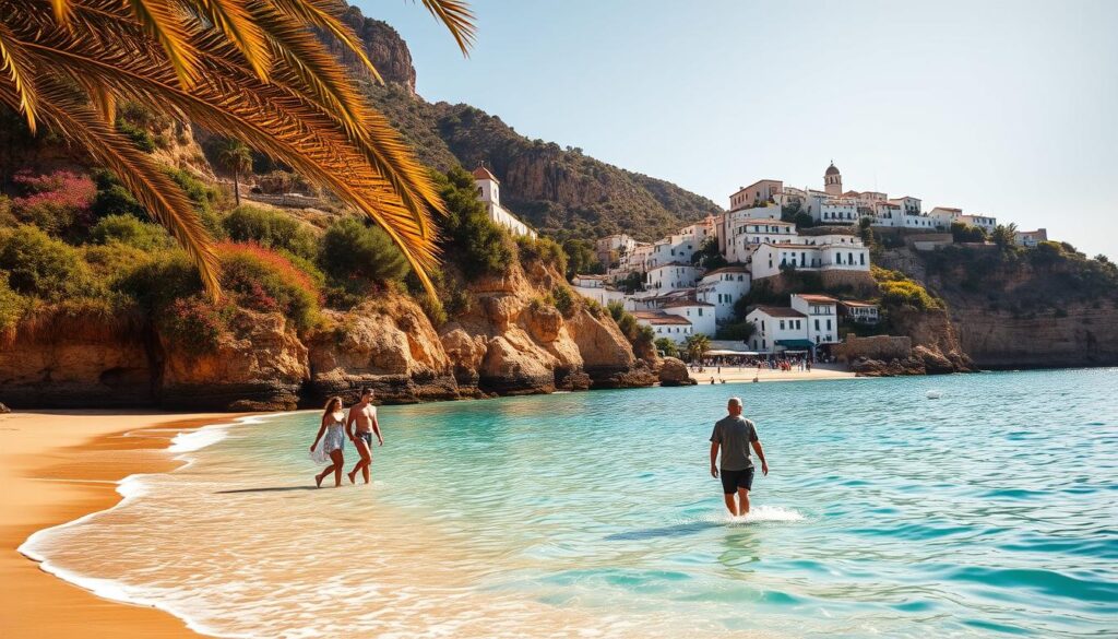 A serene Mediterranean beach in Spain, with crystal-clear turquoise waters lapping against golden sands. In the foreground, a couple walks hand-in-hand, their silhouettes framed by swaying palm trees. The middle ground features lush, verdant cliffs dotted with vibrant wildflowers, casting warm, golden light across the scene. In the distance, a picturesque whitewashed village nestled on the hillside, its charming architecture bathed in the soft glow of the setting sun. The atmosphere is one of tranquility and romance, inviting viewers to imagine themselves on a secluded, dreamlike getaway.