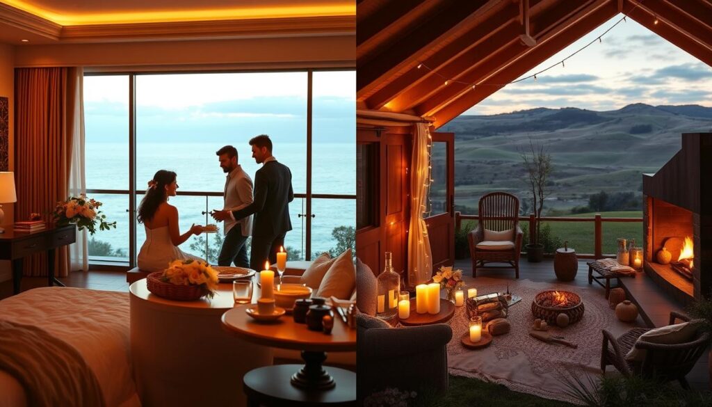 A split-scene image illustrating "luxurious vs budget romantic getaways." On the left, a serene luxury setting featuring an elegantly furnished hotel room with sumptuous decor, large windows overlooking a stunning ocean view, and soft golden lighting that creates a warm, inviting atmosphere. A couple in modest, stylish attire is enjoying a gourmet meal on a balcony, surrounded by flowers and soft candlelight. On the right, a cozy budget getaway scene showcasing a charming cabin with rustic decor, fairy lights, a warm fireplace, and a picnic setup outdoors with a scenic view of rolling hills. Soft, natural lighting enhances the atmosphere. This split should clearly contrast the opulence of luxury with the warmth of budget enjoyment, all framed in a harmonious balance.