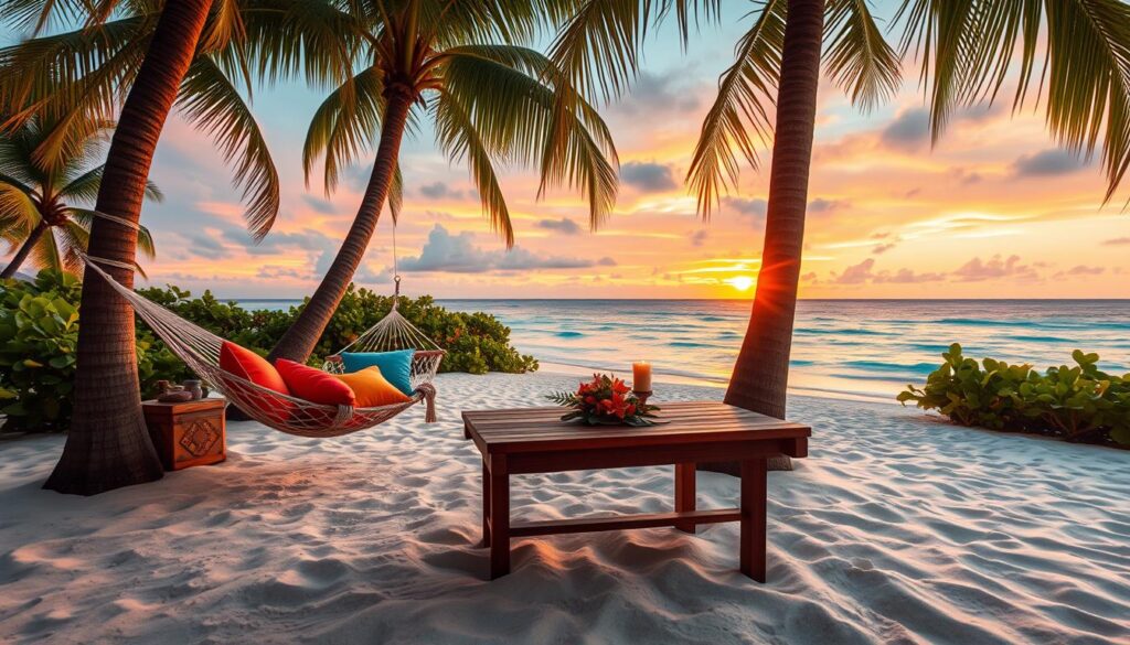 A stunning tropical paradise for couples, featuring a secluded beach with soft white sand and gently swaying palm trees. In the foreground, a cozy hammock draped between two trees is adorned with colorful throw pillows, inviting intimacy. The middle ground showcases a beautifully set wooden table for two, tastefully arranged with a candle and tropical flowers, surrounded by lush greenery. In the background, crystal-clear turquoise waters stretch toward a vibrant sunset, casting warm golden and pink hues across the sky. Soft, diffused lighting creates a romantic atmosphere, evoking a sense of tranquility and love. The scene captures the essence of an intimate getaway, perfect for couples seeking to reconnect in a picturesque location.