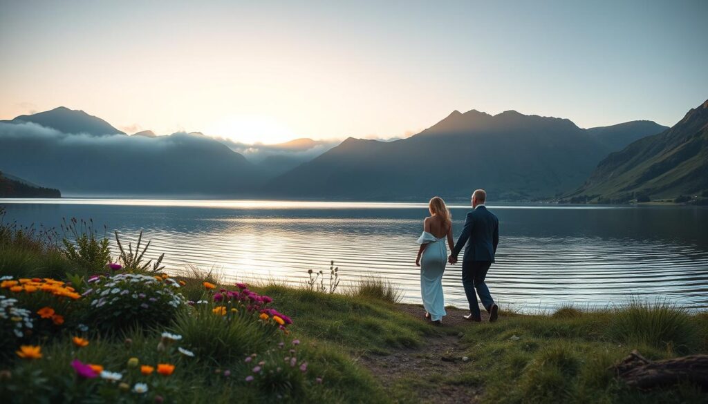 A stunning view of the Lake District, capturing a serene and romantic landscape. In the foreground, two elegantly dressed couples walk hand in hand along a peaceful lakeshore, surrounded by vibrant wildflowers and lush green grass. In the middle ground, a tranquil lake reflects the dramatic peaks of the mountains, partially shrouded in soft mist, with gentle ripples breaking the water’s surface. In the background, towering hills and rugged cliffs rise majestically, under a soft golden sunset that bathes the scene in warm light. The atmosphere is peaceful and intimate, evoking a sense of adventure and romance, perfect for couples seeking to escape into nature's beauty. Utilize a wide-angle lens with soft focus to enhance the dreamy quality of the image.