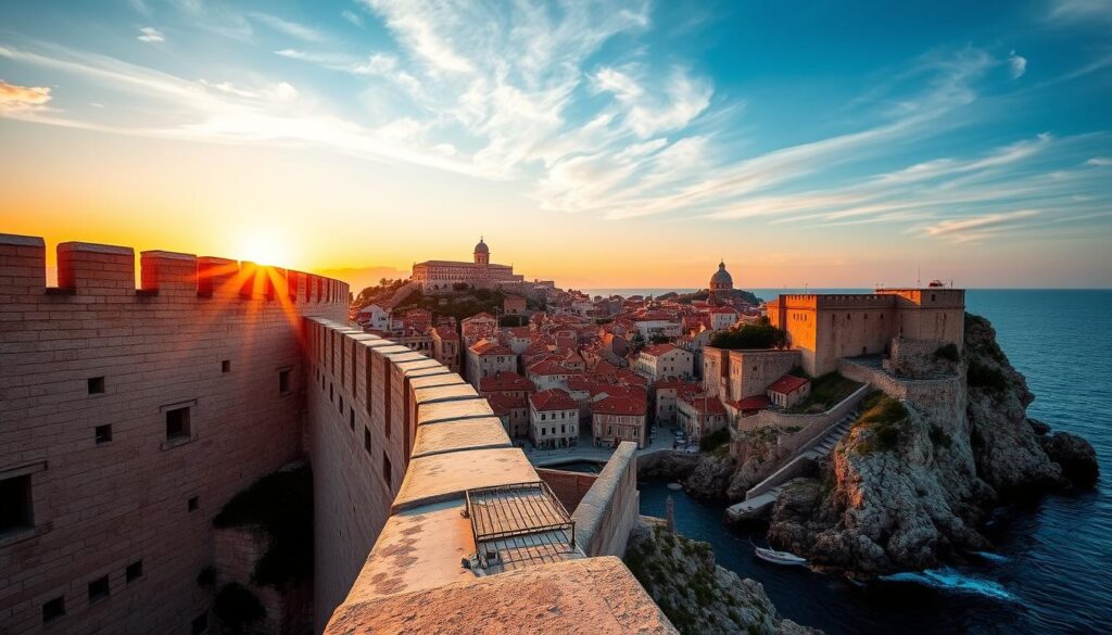 Dubrovnik city walls at sunset, bathed in golden light as the sun dips below the horizon, casting a warm, romantic glow over the ancient fortifications. In the foreground, the towering limestone walls stretch out, their intricate architectural details highlighted by the fading daylight. In the middle ground, the historic Old Town nestles within the walls, its terracotta roofs and narrow, winding streets creating a timeless, Mediterranean ambiance. In the background, the shimmering Adriatic Sea laps against the rocky coastline, its calm waters reflecting the vibrant hues of the evening sky. A wide-angle lens captures the grandeur of this iconic Croatian landmark, showcasing its majestic beauty and the enchanting atmosphere of this romantic setting.