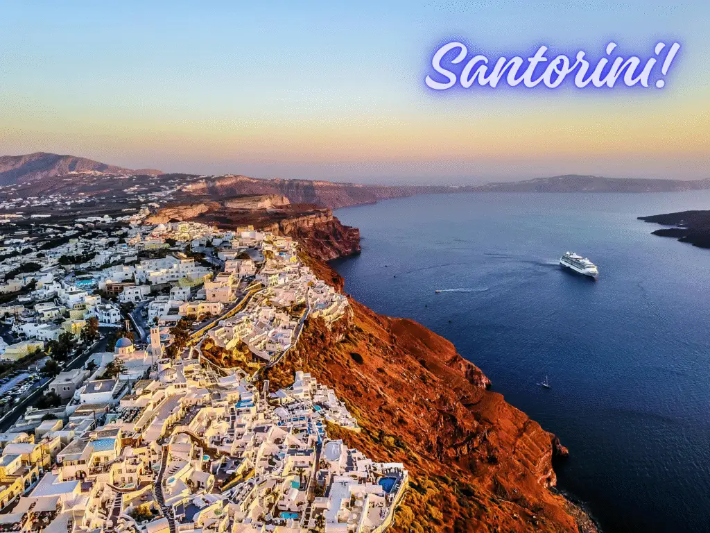 A breathtaking sunset over the iconic white-washed buildings and blue-domed churches of Santorini, Greece. The foreground features a couple embracing on a cobblestone path, their silhouettes illuminated by the warm, golden light. In the middle ground, a picturesque harbor with traditional fishing boats gently rocking on the calm, azure waters. The background showcases the dramatic, rugged cliffs of the island, their steep slopes creating a sense of intimacy and seclusion. The overall atmosphere is one of romance, tranquility, and the enchanting allure of Greece.