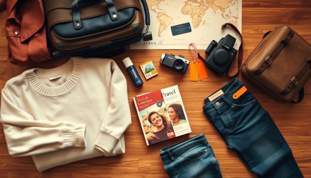 A beautifully arranged flat lay of packing essentials for couples traveling together, showcasing a stylish weekend getaway theme. In the foreground, place a matching pair of neatly folded casual outfits, including a light sweater and comfortable jeans for both partners. Add travel-sized toiletries in elegant containers and a compact, colorful travel guidebook. In the middle, include a pair of sturdy yet stylish luggage pieces—one larger and one smaller—with vibrant tags attached. The background features a softly lit travel scene with a map and a camera, suggesting adventure. Utilize warm, inviting lighting to create a cozy atmosphere, and choose a slightly overhead angle to capture all the components harmoniously, emphasizing the togetherness of preparing for a seamless journey.