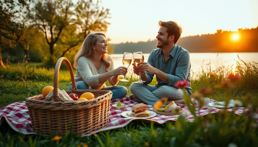 A cozy and romantic couples retreat set in a picturesque nature scene. In the foreground, a charming picnic spread with a checkered blanket, vintage wicker basket filled with fresh fruits and sandwiches, and two elegant wine glasses filled with sparkling juice. The middle ground features a couple in modest casual clothing, joyfully sharing a laugh as they toast their glasses, surrounded by lush greenery and blooming wildflowers. In the background, a serene lake reflects soft sunset colors, with gentle ripples creating a calming atmosphere. The warm golden light of the setting sun filters through the trees, enhancing the enchanting mood. Capture this scene with a slightly elevated angle to encompass both the intimate picnic and the natural beauty surrounding it, creating a sense of romance and tranquility.
