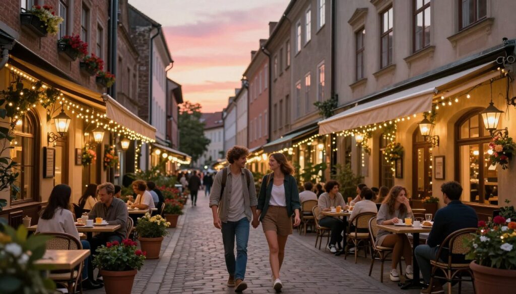 A cozy, charming street in a European city, adorned with delicate fairy lights and lush potted flowers. In the foreground, a couple in modest casual clothing strolls hand in hand along a cobbled pathway, exchanging warm smiles. The middle ground features quaint cafes with outdoor seating, where couples are enjoying intimate conversations over coffee and pastries. The background reveals historic architecture, with softly illuminated windows, under a dusky pink and orange sky as the sun sets. The scene is bathed in soft, warm lighting, creating a romantic atmosphere. Shot with a wide-angle lens to encapsulate the bustling yet intimate vibe, evoking a sense of wanderlust and love in the air, perfect for a romantic getaway.