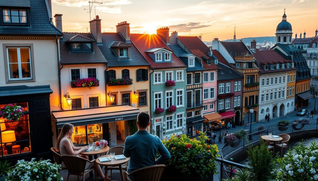 A picturesque European landscape featuring five iconic romantic weekend getaway locations like Paris, Venice, Santorini, Prague, and Amsterdam, each represented in a layered composition. In the foreground, a cozy café terrace with couples enjoying coffee, radiating warmth and intimacy. The middle ground reveals charming buildings with vibrant flowers in window boxes, indicative of European architecture. The background showcases a stunning sunset over a canal or a landmark, casting a soft golden light that enhances the romantic atmosphere. The scene is illuminated with gentle, warm lighting, creating a dreamy ambiance. Use a wide-angle lens perspective to capture the essence of togetherness in travel, inviting couples to envision their perfect getaway. The image evokes a sense of love, adventure, and serenity, perfect for couples on a short-haul break.