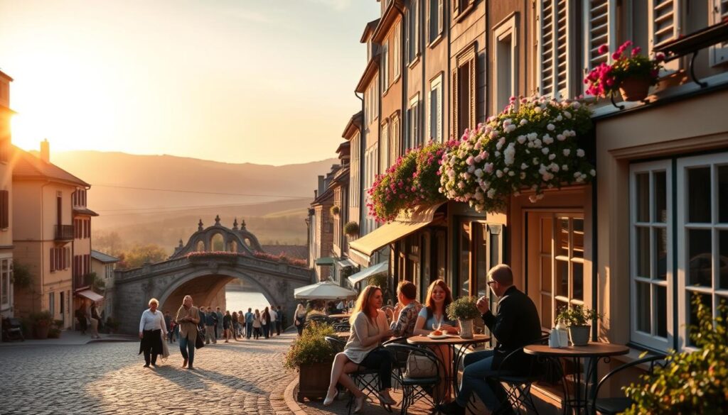 A picturesque European scene showcasing romantic travel destinations for couples. In the foreground, a quaint cobblestone street lined with charming cafés, where couples sit at outdoor tables, savoring pastries and coffee. The middle ground features a beautifully adorned bridge with flowers hanging over its sides, capturing the essence of love. Elegant European architecture aligns the street, with ornate buildings and colorful shutters. In the background, rolling hills under a golden sunset, casting a warm glow on the landscape, enhancing the romantic atmosphere. The image should have soft, natural lighting, with a shallow depth of field to create a dreamy effect. Emphasize warmth, intimacy, and the allure of exploring peaceful European locations together.