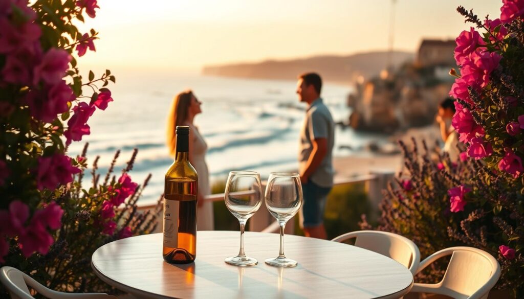 A picturesque Spanish seaside scene at sunset, capturing a romantic vibe perfect for couples. In the foreground, a cozy outdoor table for two adorned with a bottle of wine and glasses, framed by blooming bougainvillea and lavender plants. In the middle ground, a couple in modest casual attire enjoys each other's company, laughing and sharing a moment, with the ocean gently lapping at the shore nearby. The backdrop features a stunning Mediterranean coastline, with soft waves and distant cliffs bathed in the warm hues of the setting sun. Soft golden lighting creates a dreamy atmosphere, enhancing the feeling of love and intimacy, with a slight bokeh effect to focus on the couple while keeping the scenery beautifully blurred.