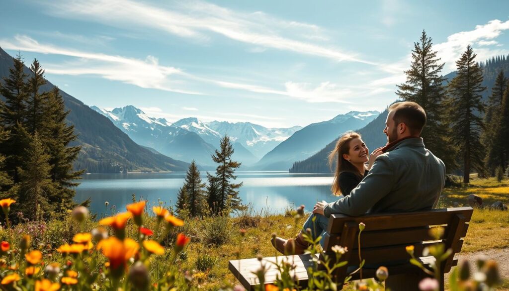 A picturesque alpine scene capturing a romantic moment between a couple in Switzerland. In the foreground, a couple dressed in smart casual attire is sitting on a wooden bench, gazing at each other with joyful expressions. Their surroundings are adorned with wildflowers and lush greenery. In the middle ground, a serene lake reflects the majestic snow-capped mountains under a clear blue sky, hinting at tranquility. In the background, pine trees stretch up the slopes, while wisps of clouds float lazily above. Soft, golden sunlight filters through the trees, casting gentle shadows and creating a warm, inviting atmosphere. Shot with a wide-angle lens to encompass the breathtaking landscape, evoking a sense of peace and connection, ideal for capturing the essence of relationship travel in a romantic alpine setting.