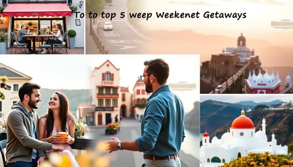 A picturesque collage showcasing the top 5 romantic weekend getaways in Europe, emphasizing a charming outdoor cafe in Paris with couples enjoying coffee, a serene canal view in Venice, a quaint street in Bruges lined with blooming flowers, a dramatic sunset over the cliffs of Santorini, and an enchanting landscape of the Scottish Highlands. The foreground features a couple in modest casual clothing, laughing and sharing a moment. The middle ground includes iconic architecture and lush scenery, while the background features soft, warm lighting to create a romantic atmosphere. The image captures a dreamy, serene mood, inviting viewers to imagine the beauty of these destinations. The scene uses a shallow depth of field to highlight the couples while slightly blurring the background, reminiscent of a travel magazine spread.