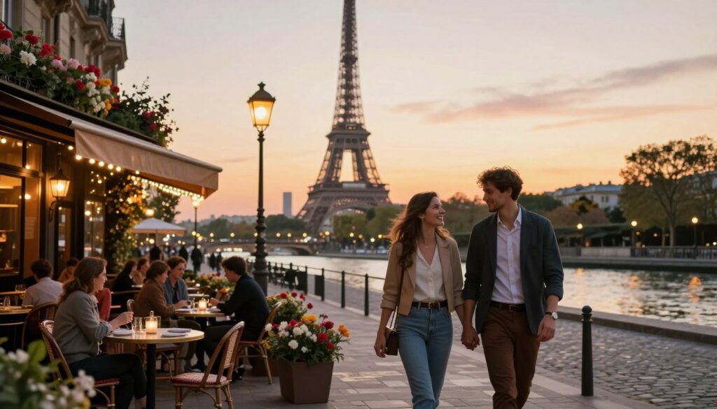 A picturesque romantic city scene showcasing iconic European landmarks such as the Eiffel Tower, the canals of Venice, and the charming streets of Paris. In the foreground, a couple dressed in smart casual outfits enjoys a leisurely stroll, holding hands and sharing smiles. The middle ground features quaint outdoor cafés with couples dining, surrounded by blooming flowers and soft-lit lanterns, creating an intimate setting. The background is a stunning sunset that casts a warm glow over the cityscape, with softly glowing streetlights illuminating the cobblestone streets. The atmosphere is dreamy and enchanting, evoking a sense of love and wanderlust, captured with a shallow depth of field for a beautifully blurred backdrop. Natural lighting enhances the romantic mood, inviting viewers to imagine their own adventure in these charming European destinations.