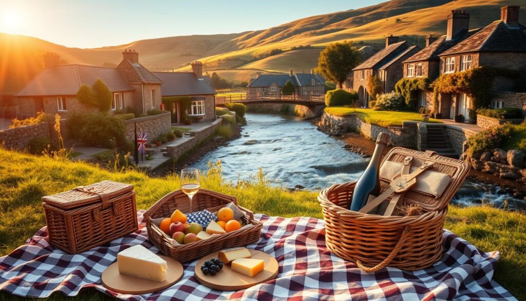 A picturesque scene capturing a romantic getaway in the UK, featuring a cozy picnic setup on a lush, green hillside. In the foreground, a checkered blanket is laid out with an elegant picnic basket overflowing with delicious treats—cheese, fruits, and a bottle of sparkling wine. A gently flowing river glimmers under the warm golden light of a late afternoon sun, adding a tranquil feel. In the middle, charming stone cottages with wrapped vines create an idyllic backdrop, suggesting a quaint village atmosphere. The background showcases rolling hills, dotted with wildflowers, under a clear blue sky. The overall mood is serene, intimate, and inviting, perfect for couples seeking a romantic escape in the UK. Capture this scene with a soft focus and warm lighting to enhance its dreamy quality.