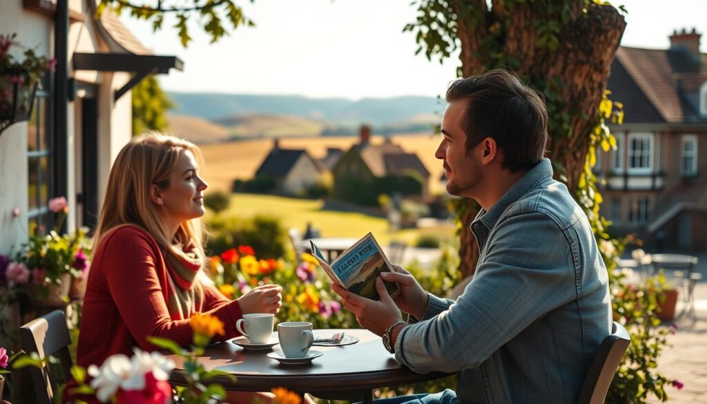 A picturesque scene depicting a young couple enjoying a romantic getaway in the UK. In the foreground, the couple, dressed in modest casual clothing, is sitting at a charming outdoor café, sharing a cup of tea and looking at a travel guide, surrounded by lush greenery and colorful flowers. In the middle ground, traditional British architecture, like a quaint cottage and a historic building, adds character to the setting. The background features a beautiful rolling landscape typical of the English countryside with soft hills and a clear blue sky. The lighting is warm and inviting, suggesting a late afternoon with golden sunlight casting gentle shadows. The overall mood is cozy and romantic, emphasizing travel together amidst beautiful scenery.