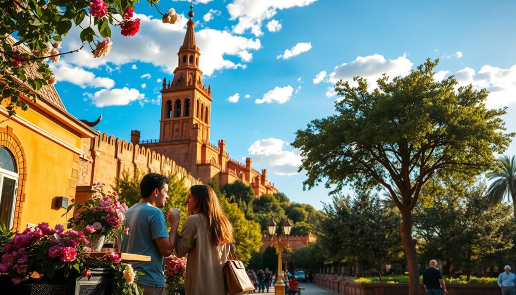 A picturesque scene of Seville, capturing the essence of romance and Andalusian passion. In the foreground, a quaint café terrace adorned with blooming flowers, where a couple in modest casual attire shares a moment over coffee. In the middle ground, the stunning architecture of the Alcázar Palace, its intricate Moorish designs bathed in warm golden sunlight, creating an intimate atmosphere. The background features the iconic Giralda tower rising against a brilliant blue sky, with scattered puffy clouds enhancing the scene. Soft, diffused lighting casts gentle shadows, evoking a dreamy ambiance. The angle is slightly elevated, giving an inviting view of the lively streets filled with greenery and historic charm, inviting couples to explore this enchanting destination together.