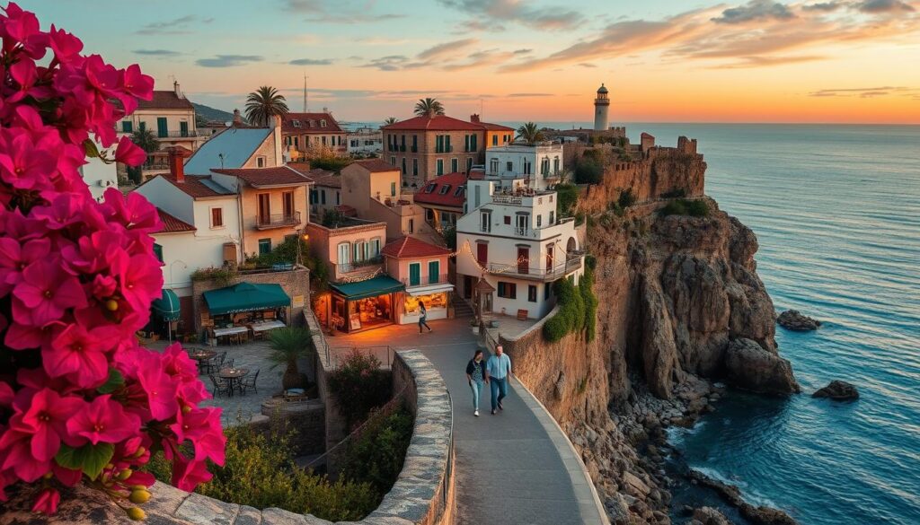 A picturesque seaside view in Spain, capturing the essence of romance, with a charming coastal village nestled against rugged cliffs. In the foreground, vibrant bougainvillea blossoms spill over a stone wall, leading to a quaint street lined with cafes and artisan shops. Couples stroll hand-in-hand, sharing joyful moments. The middle ground features cozy terraces draped in twinkling fairy lights, emanating a warm golden glow as the sun begins to set. In the background, the shimmering turquoise waters merge with a fiery orange sky, punctuated by a distant lighthouse. The atmosphere is soft and dreamy, evoking feelings of love and wanderlust. Use a wide-angle lens to encapsulate the breathtaking scenery, with soft lighting enhancing the romantic vibe.