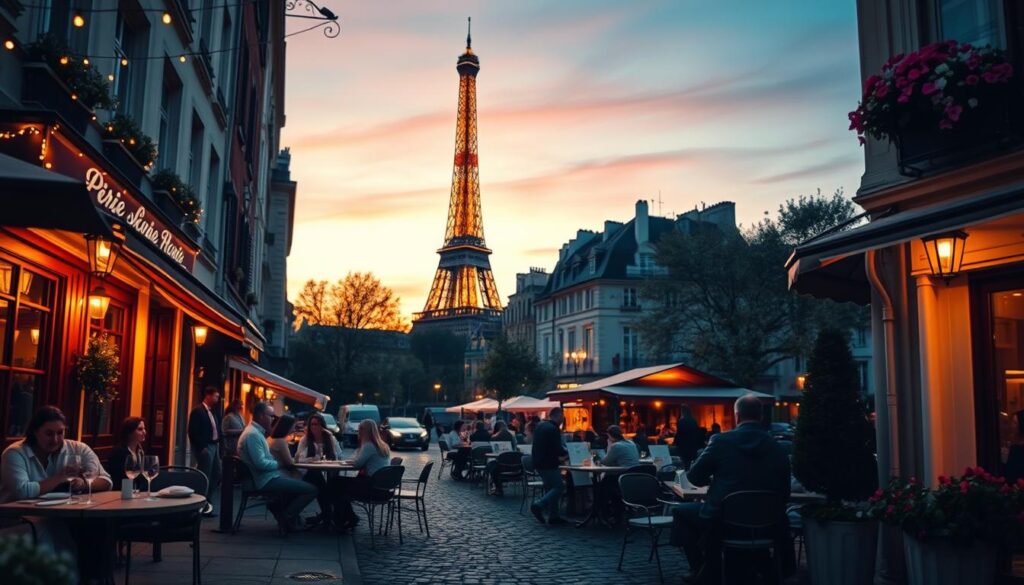 A picturesque view of Paris at sunset, showcasing the Eiffel Tower in the background, elegantly illuminated against a soft pink and orange sky. In the foreground, a charming cobblestone street lined with quaint cafés adorned with outdoor tables, where couples enjoy intimate dinners, savoring wine and French cuisine. Soft, twinkling fairy lights overhead create a cozy atmosphere. In the middle ground, classic Parisian architecture frames the scene, with blooming flower boxes adding a touch of color. The lighting is warm and inviting, enhancing the romantic feel of the setting. Capture the essence of love and adventure in this iconic city, with a slightly blurred effect to evoke a dreamy ambiance. The composition should be intimate and inviting, reflecting the allure of a romantic escape in Paris.