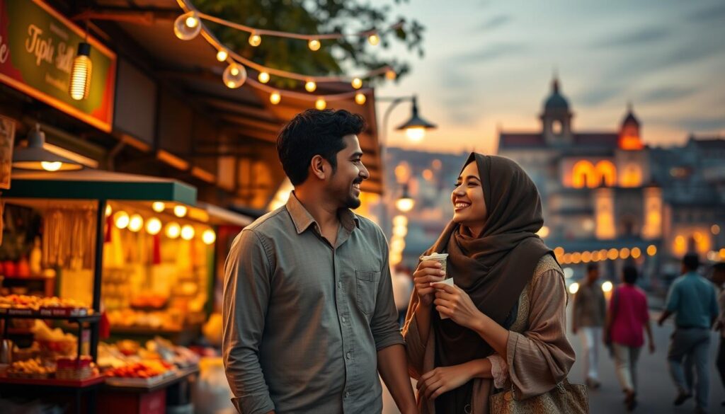 A romantic scene depicting a diverse couple exploring a vibrant street market during sunset. In the foreground, a couple of South Asian descent, dressed in stylish, modest casual clothing, are sharing a moment of laughter while holding hands and sampling local street food. In the middle ground, colorful stalls offer a variety of handmade crafts and street delicacies, illuminated by warm, golden string lights. The background features a softly lit cityscape with historic buildings and a glowing sunset that bathes the scene in warm hues of orange and pink. Soft bokeh effects add to the dreamy atmosphere, creating a sense of intimacy and adventure. The image should evoke feelings of joy, love, and exploration in a serene urban setting.