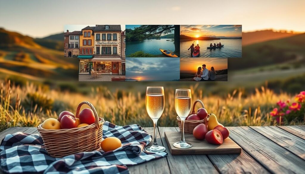 A serene and picturesque landscape showcasing seven budget-friendly romantic travel ideas for couples. In the foreground, a cozy picnic setup with a checkered blanket, a basket full of fresh fruits, and two glasses of sparkling water resting on a rustic wooden table. The middle layer features iconic budget travel locations such as a charming European street with couples exploring quaint shops, a serene lakeside view with a couple kayaking, and a beautiful sunset at a beach. The background displays gentle hills and vibrant flowers, emphasizing nature's beauty. Golden hour lighting casts a warm, romantic glow over the scene, creating a dreamy atmosphere. The composition is captured with a wide-angle lens to emphasize the expansive landscape and intimate details.