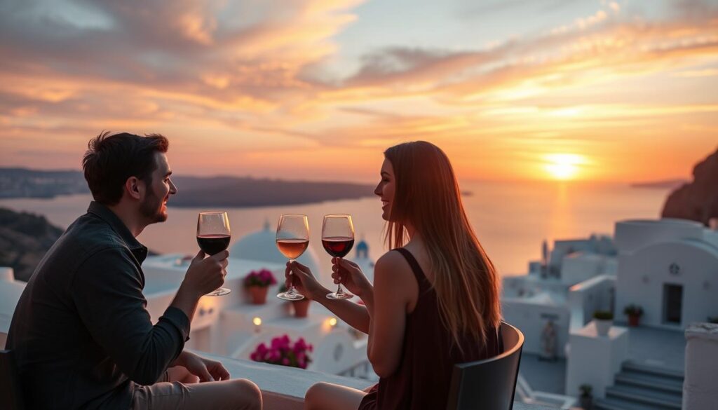 A serene evening in Santorini, showcasing a couple enjoying a romantic moment while sitting on a terrace with stunning views of the Caldera. In the foreground, the couple, dressed in modest yet elegant casual attire, share a toast with glasses of wine, their smiles reflecting joy and connection. The middle ground features whitewashed buildings with vibrant flower pots, typical of Santorini's charm, adorned in soft, warm lighting. The background is a breathtaking sunset, with vibrant oranges, pinks, and purples painting the sky as the sun dips below the horizon, casting a golden glow on the Aegean Sea. The scene is bathed in a soft, dreamy light, capturing the magic of this idyllic location.