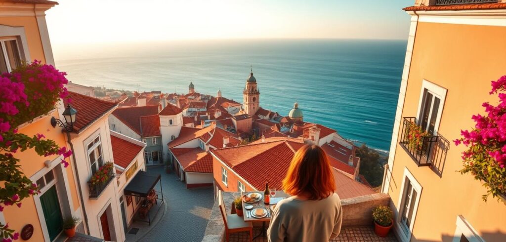 A stunning aerial view of the most romantic places in Portugal, showcasing the charming cobblestone streets of Lisbon, with iconic pastel-colored buildings, lively outdoor cafés, and blooming bougainvillea. In the foreground, a couple in modest casual clothing enjoys a sunset picnic on a terrace, overlooking the city. The middle ground features the scenic rooftops and famous landmarks like the Belém Tower and the Alfama district, bathed in warm golden light. In the background, the azure Atlantic Ocean merges with the horizon, creating a serene ambiance. The scene captures the essence of romance, elevated by soft sunset lighting and a dreamy atmosphere, evoking feelings of love and adventure.
