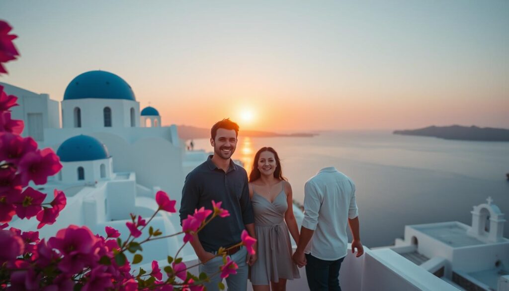 A breathtaking view of Santorini during sunset, showcasing the iconic whitewashed buildings with blue domes perched on the cliffside. In the foreground, vibrant bougainvillea flowers in pink and purple contrast against the stark white architecture. The middle ground features couples in modest casual clothing enjoying the view, holding hands and smiling, radiating love and happiness. The background captures the sun dipping below the horizon, casting a warm golden glow across the serene Aegean Sea. The scene is illuminated by soft, diffused lighting that enhances the romantic atmosphere, with a wide-angle view that emphasizes the stunning landscape. The overall mood is dreamy and tranquil, perfectly encapsulating the allure of Santorini as a honeymoon destination.