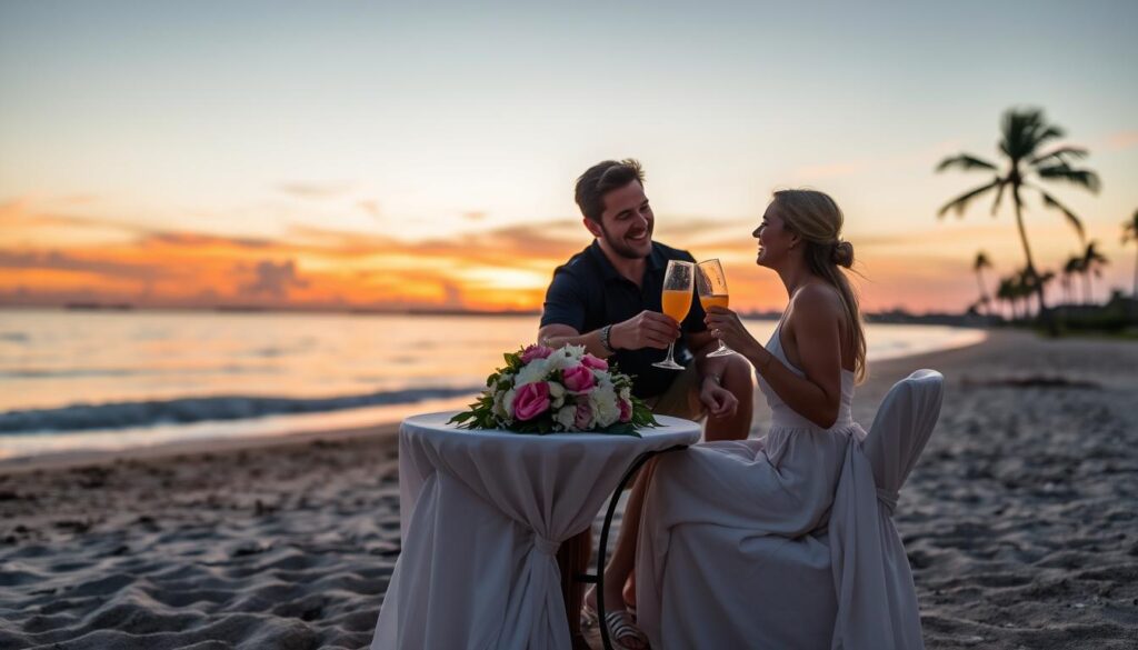 A picturesque romantic getaway scene unfolds at a serene beach during sunset. In the foreground, a cozy setup features a small table adorned with a floral centerpiece and two elegant chairs draped in soft white linen. The couple, dressed in stylish yet modest summer attire, is seen toasting with glasses of sparkling juice, their smiles radiating joy and connection. In the middle ground, gentle waves lap at the shore, while palm trees sway softly in the warm breeze. The background showcases a vibrant sunset painting the sky in hues of orange, pink, and lavender, reflecting on the water. Soft, diffused lighting enhances the dreamy atmosphere, creating an intimate and inviting mood that perfectly encapsulates the art of planning a romantic summer escape.
