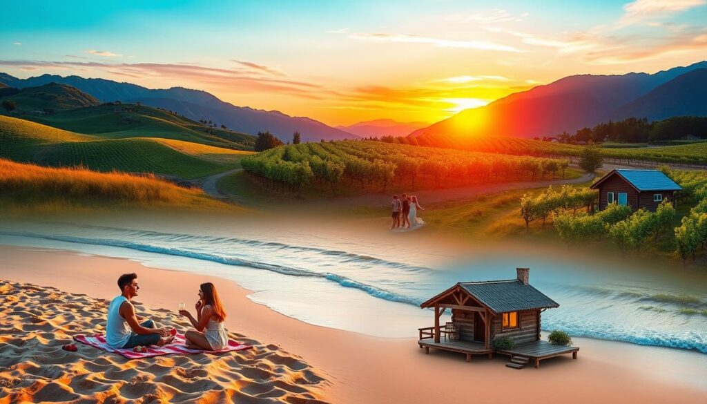 A picturesque summer landscape featuring five idyllic destinations for couples, showcasing romantic getaways. In the foreground, a cozy beach scene with a couple enjoying a sunset picnic, surrounded by soft golden sands and gentle waves lapping at the shore, both dressed in stylish summer attire. In the middle ground, lush green hills lead to a charming vineyard, with couples strolling among grapevines under a clear blue sky. Nearby, a cozy cabin by a serene lake reflects the soft colors of the sunset. In the background, majestic mountains cradle a vibrant and colorful sunset, casting a warm, inviting glow over the entire scene. The atmosphere is dreamy and serene, evoking a sense of tranquility and romance, with soft, diffused lighting that enhances the enchanting summer vibe.