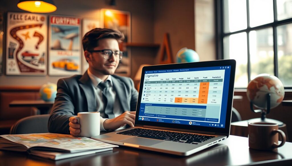 A professional individual in smart casual attire studying flight options on a laptop in a cozy coffee shop, surrounded by travel-related paraphernalia like maps, a travel guidebook, and a coffee cup. In the foreground, the laptop screen displays a detailed flight comparison chart with flexible booking dates highlighted. In the middle ground, colorful travel posters and a globe add context, hinting at various destinations. The background is softly lit with warm, inviting tones, suggesting a relaxed yet focused atmosphere. A large window lets in natural light, enhancing the scene's clarity while casting gentle shadows, making it feel like a serene, productive space.