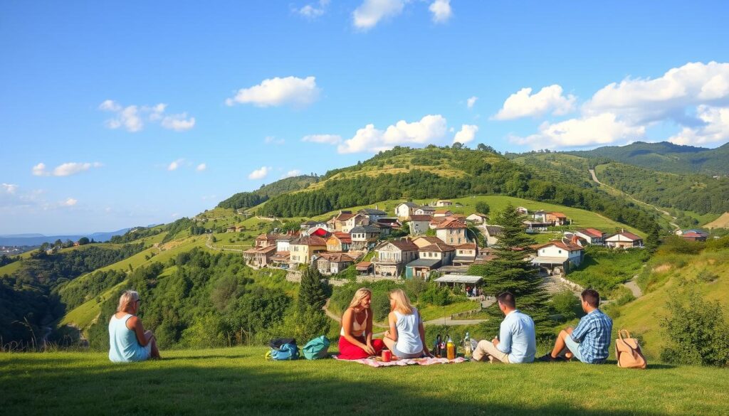 A serene summer landscape portraying affordable travel destinations. In the foreground, a small group of diverse travelers in modest, casual clothing are enjoying a scenic picnic on a grassy hill. The middle layer showcases a quaint village with charming, budget-friendly inns, colorful local markets, and lush greenery, illustrating a welcoming atmosphere. In the background, gentle hills fade into a blue sky dotted with white clouds, suggesting beautiful hiking trails. The lighting is warm and inviting, reminiscent of a late afternoon sun, casting soft shadows and enhancing the vibrant hues of nature. The mood is relaxed and joyous, emphasizing the enjoyment of discovering new places without breaking the bank. The scene captures the essence of exploring affordable destinations away from crowded tourist spots.