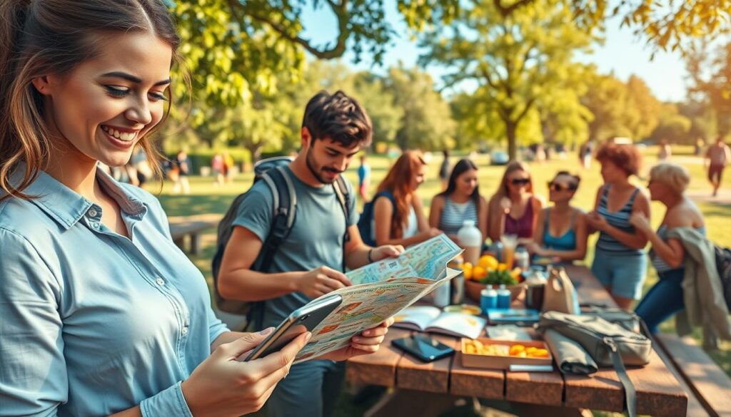 A vibrant outdoor scene depicting a diverse group of travelers preparing for a summer adventure. In the foreground, a smiling young woman in casual yet professional attire examines a travel guide while holding a smartphone displaying travel deals. Next to her, a young man with a backpack is browsing a map, radiating excitement. In the middle ground, a diverse group of travelers, including families and solo backpackers, chat animatedly around a picnic table laden with snacks and travel essentials, symbolizing camaraderie and shared tips. The background showcases a sunny park with people enjoying outdoor activities, bright trees, and a clear blue sky, conveying a warm, hopeful atmosphere. Use soft, natural lighting to enhance the cheerful mood, with a focus on warm tones capturing the essence of summer travel.